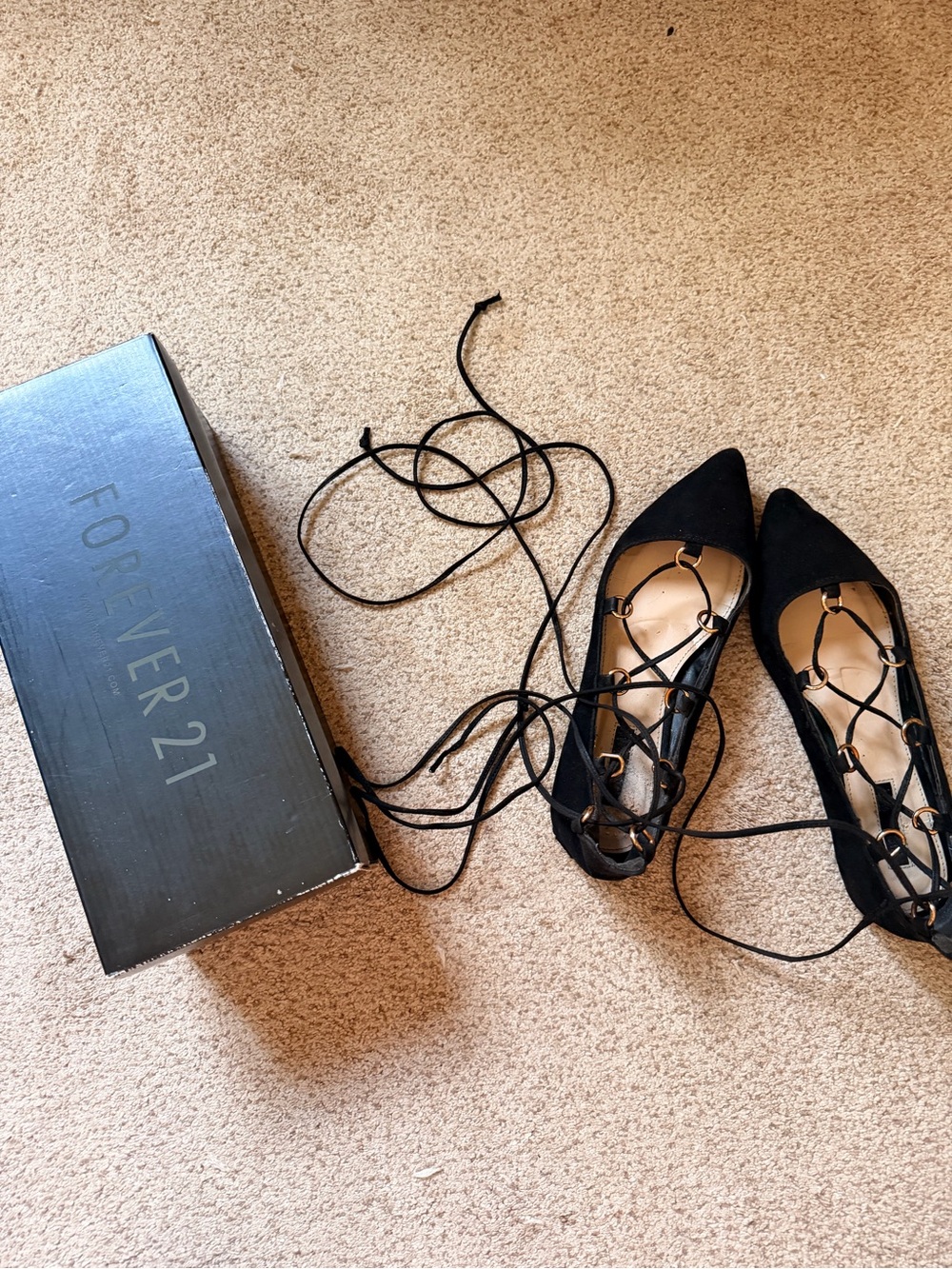 Forever 21 Black Pointed Lace-Up Flats